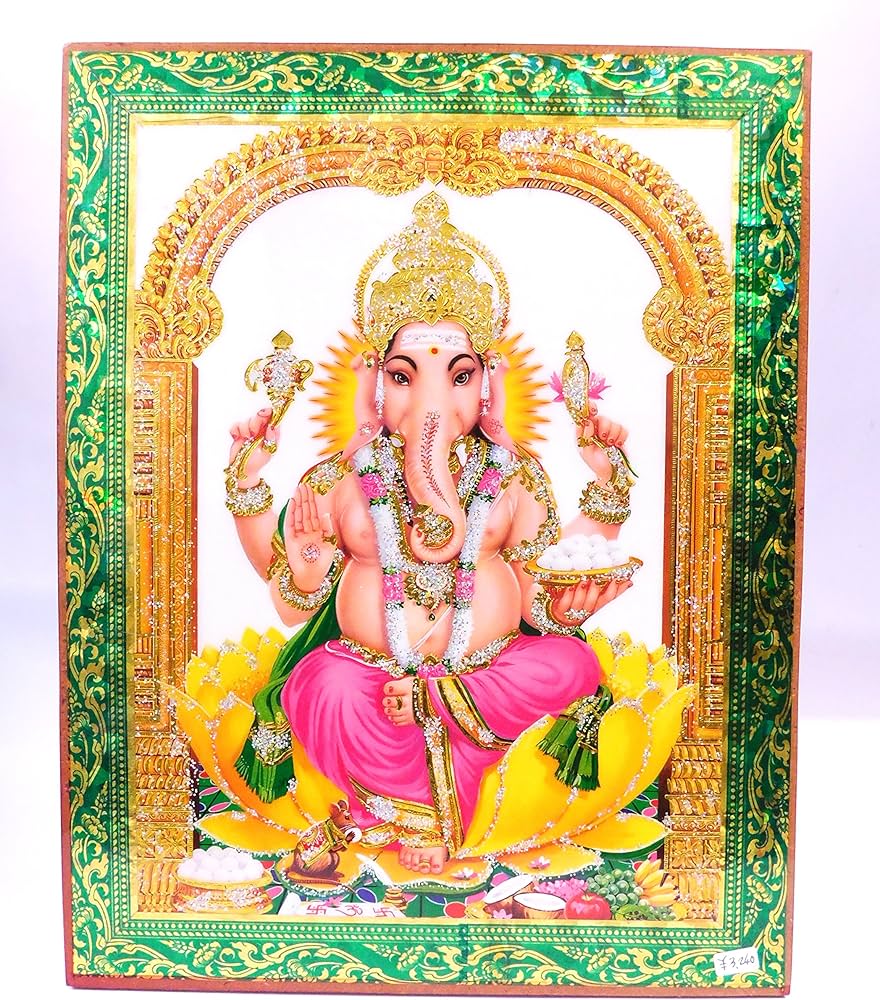 ガネーシャ像　絵画　バリ　アジアン雑貨 バリ絵画 神獣の絵 ガネーシャ W33×H38 5タイプ ガラス 額付き